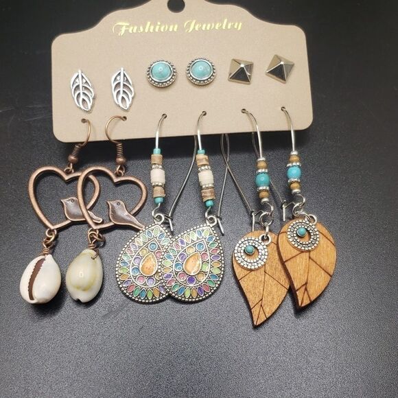 Bohemian earrings heart pookah seashell turquoise dove leaf - Picture 2 of 5